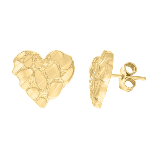 14K Yellow Gold Womens Nugget Heart Stud Earrings
