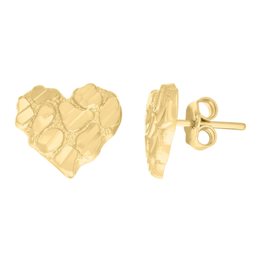 14K Yellow Gold Womens Nugget Heart Stud Earrings