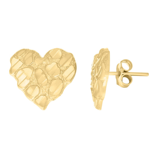 14K Yellow Gold Womens Nugget Heart Stud Earrings