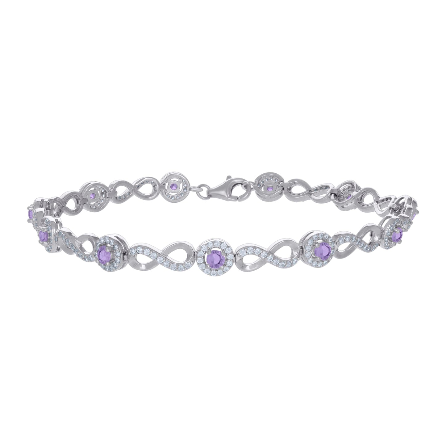 Sterling Silver Womens Purple White Cubic-Zirconia Infinity Tennis Bracelet