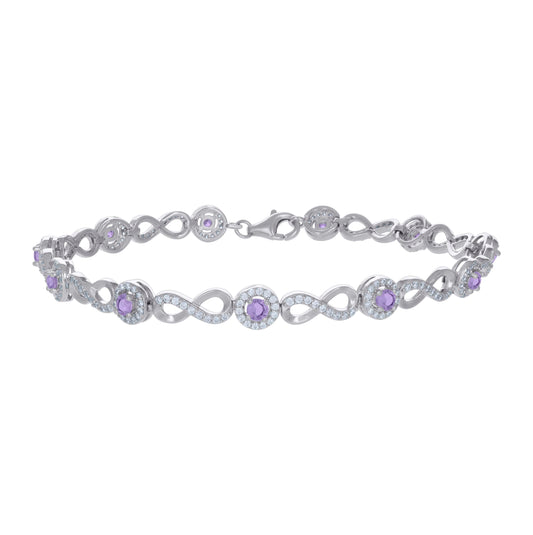 Sterling Silver Womens Purple White Cubic-Zirconia Infinity Tennis Bracelet