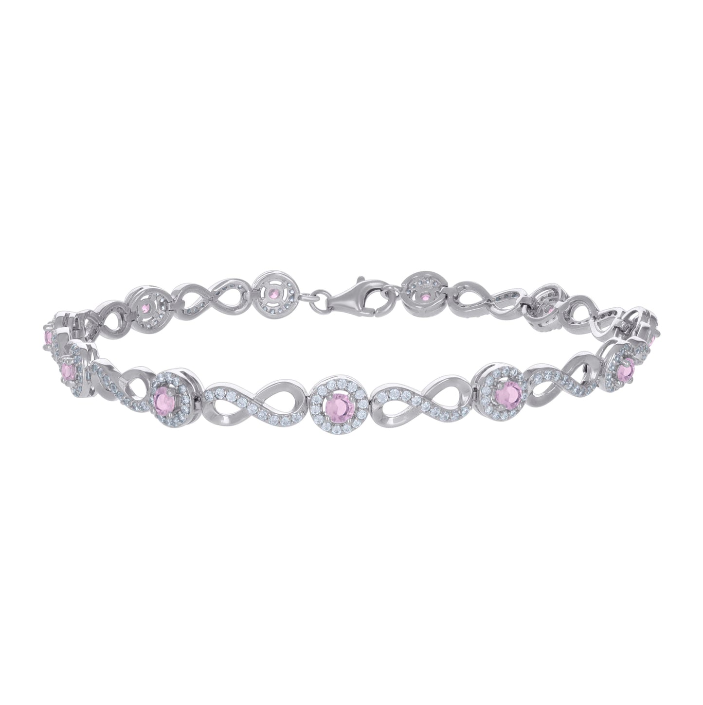 Sterling Silver Womens Pink White Cubic-Zirconia Infinity Tennis Bracelet