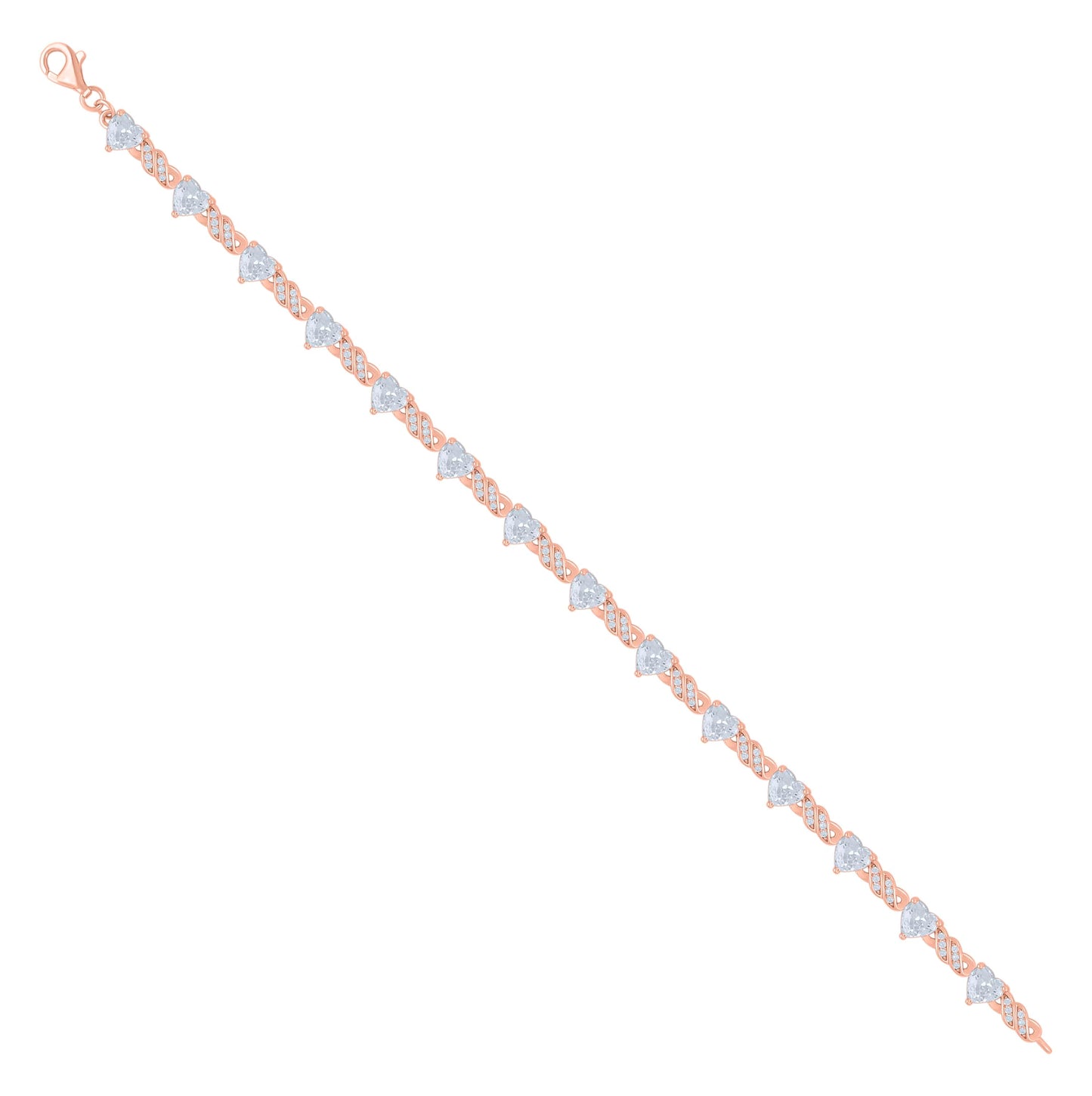 Sterling Silver Rose-tone Womens Heart Round Cubic-Zirconia Heart Tennis Bracelet