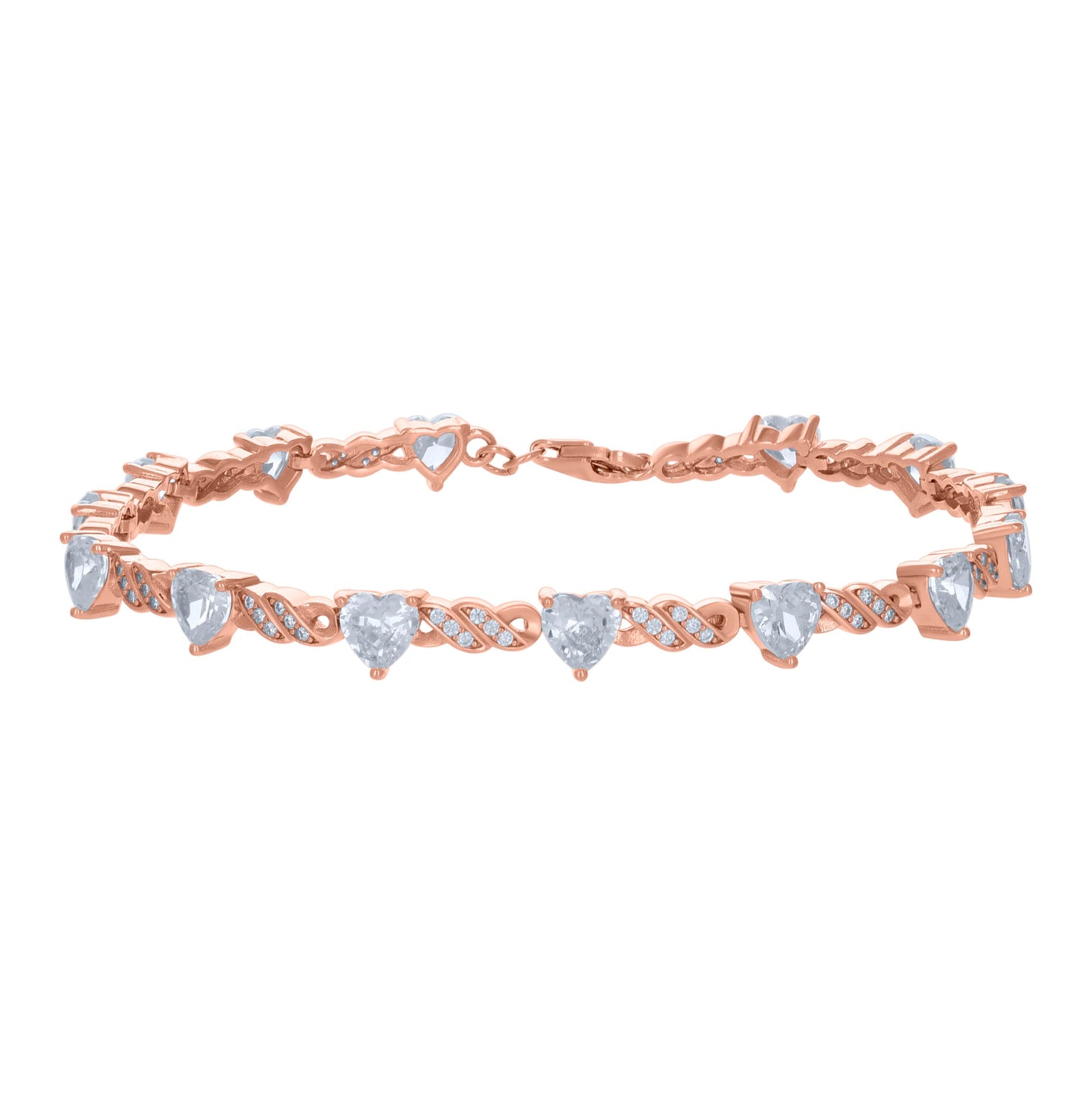 Sterling Silver Rose-tone Womens Heart Round Cubic-Zirconia Heart Tennis Bracelet