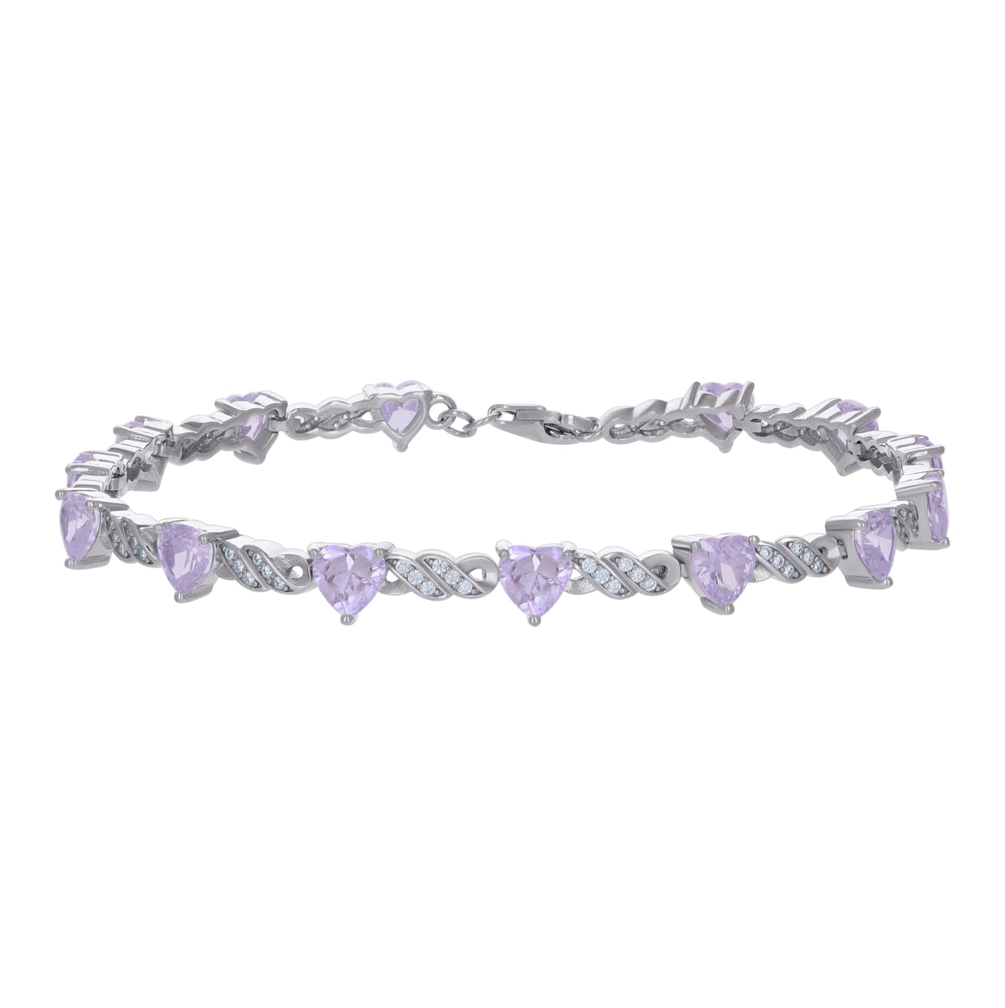 Sterling Silver Womens Purple White Heart Round Cubic-Zirconia Heart Tennis Bracelet