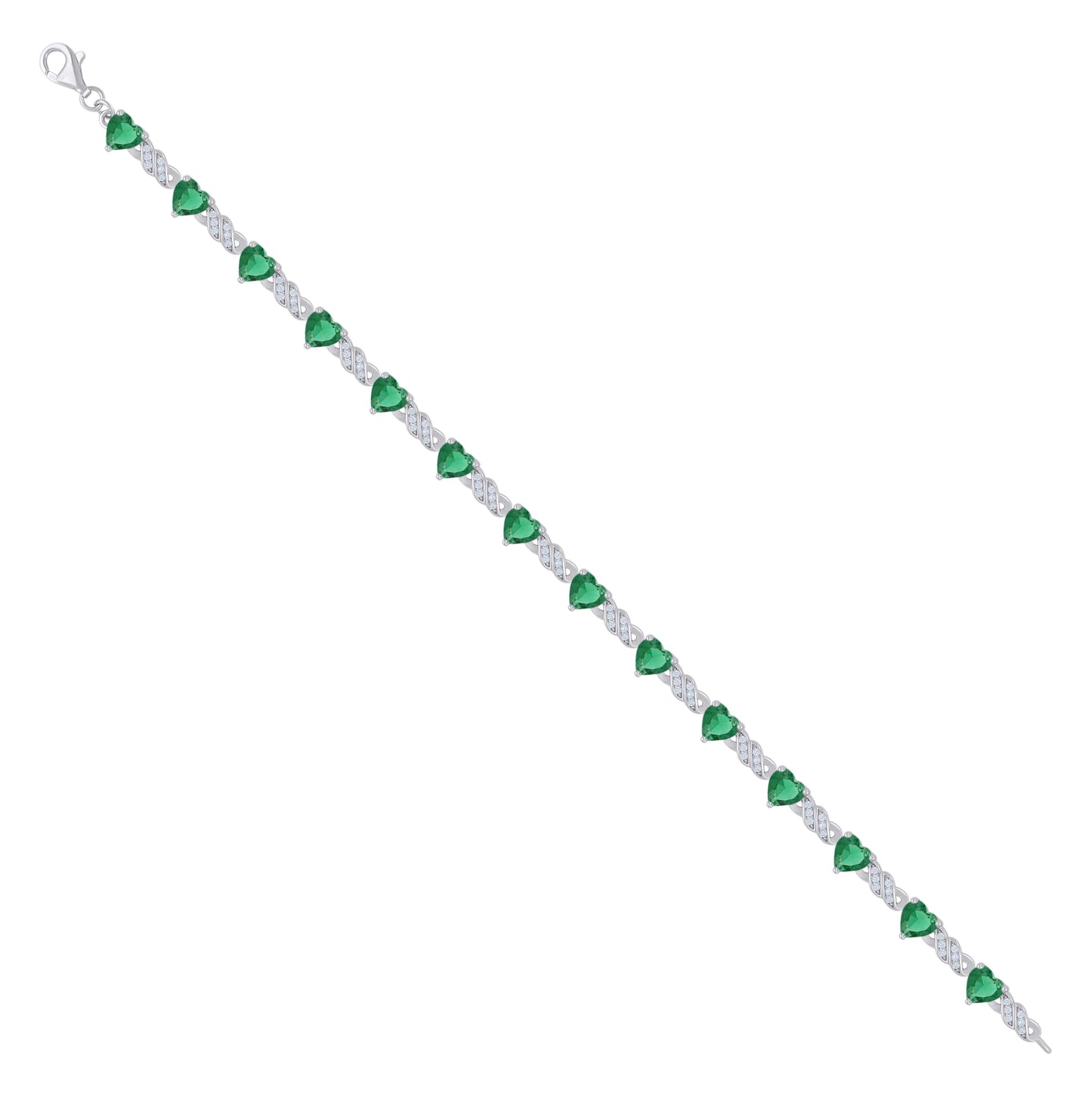 Sterling Silver Womens Green White Heart Round Cubic-Zirconia Heart Tennis Bracelet