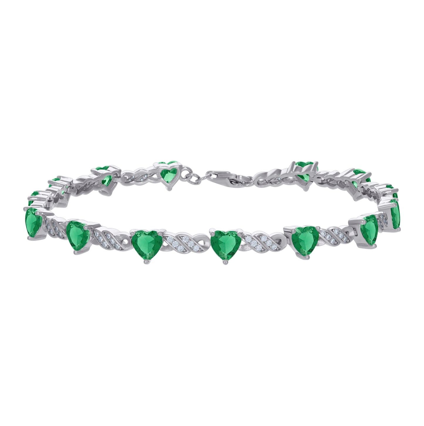 Sterling Silver Womens Green White Heart Round Cubic-Zirconia Heart Tennis Bracelet