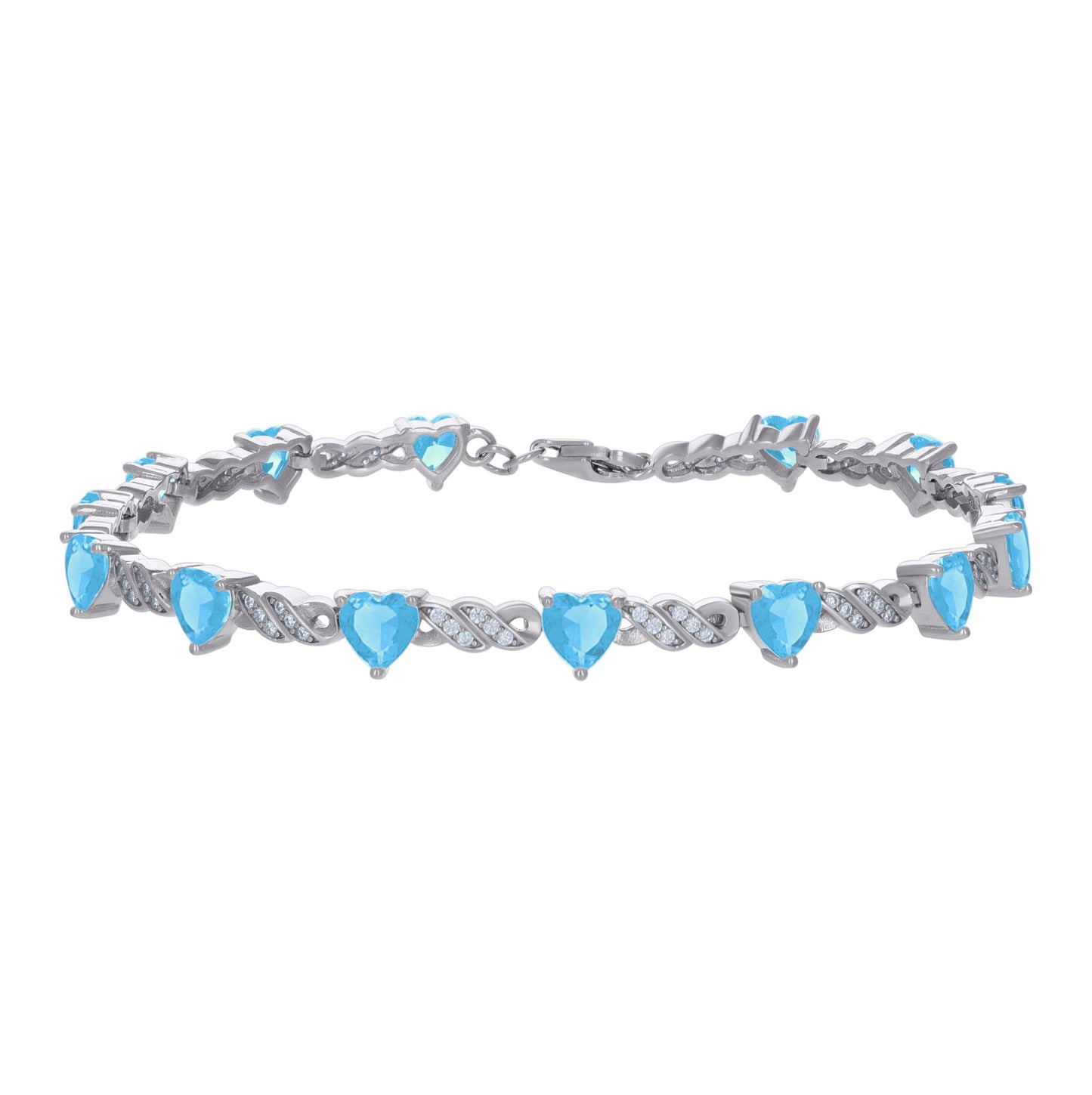 Sterling Silver Womens Aqua White Heart Round Cubic-Zirconia Heart Tennis Bracelet