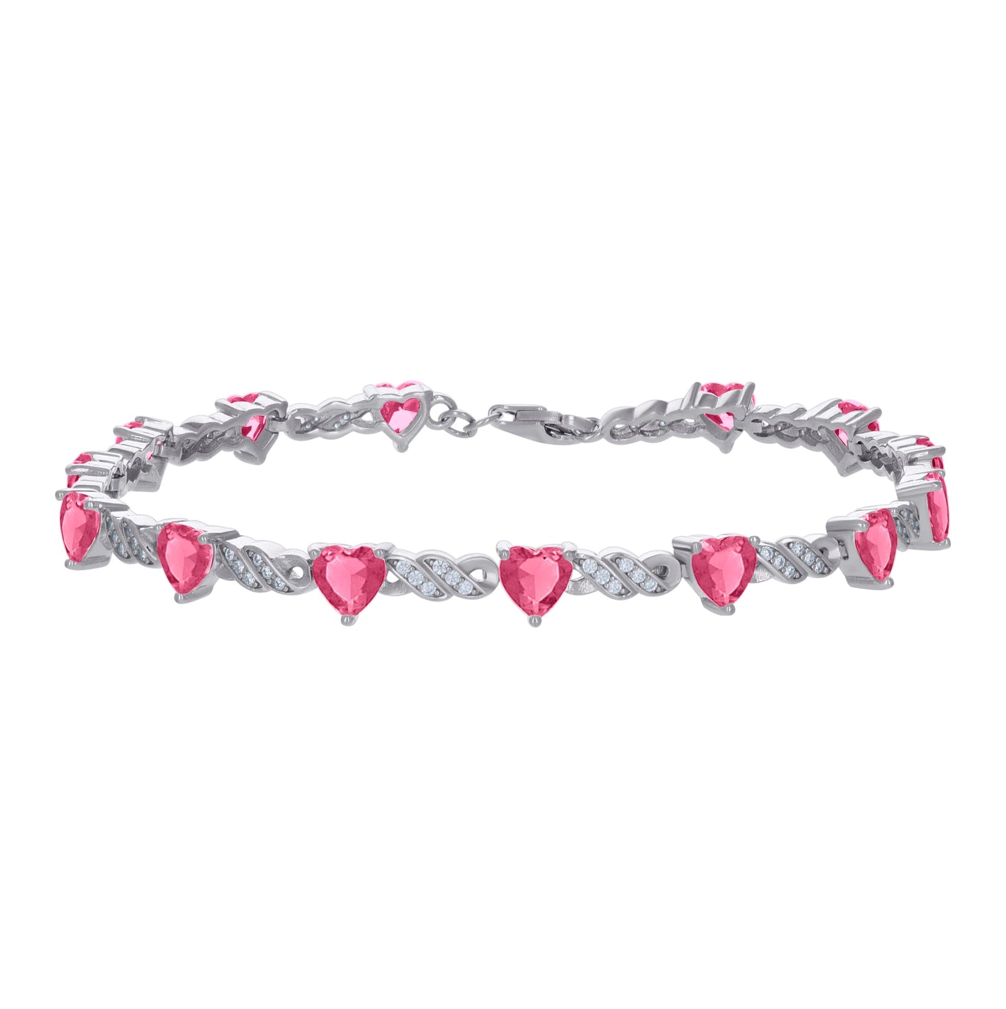 Sterling Silver Womens Red White Heart Round Cubic-Zirconia Heart Tennis Bracelet