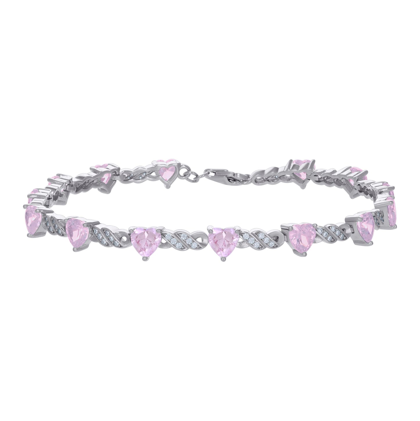 Sterling Silver Womens Pink White Heart Round Cubic-Zirconia Heart Tennis Bracelet
