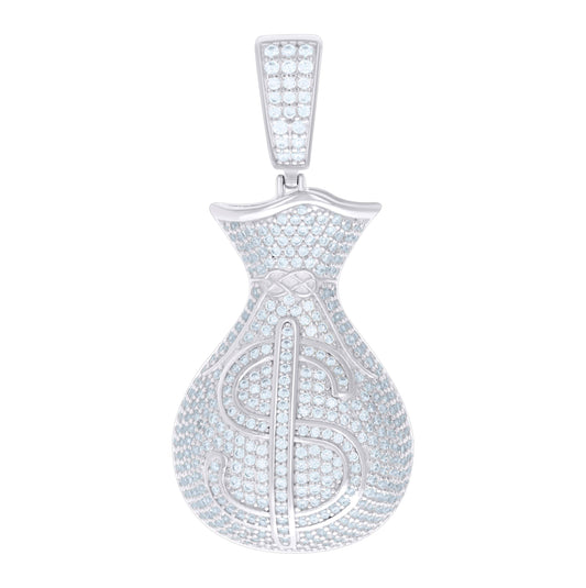 Sterling Silver Mens Cubic-Zirconia Money Bag Currency Charm Pendant