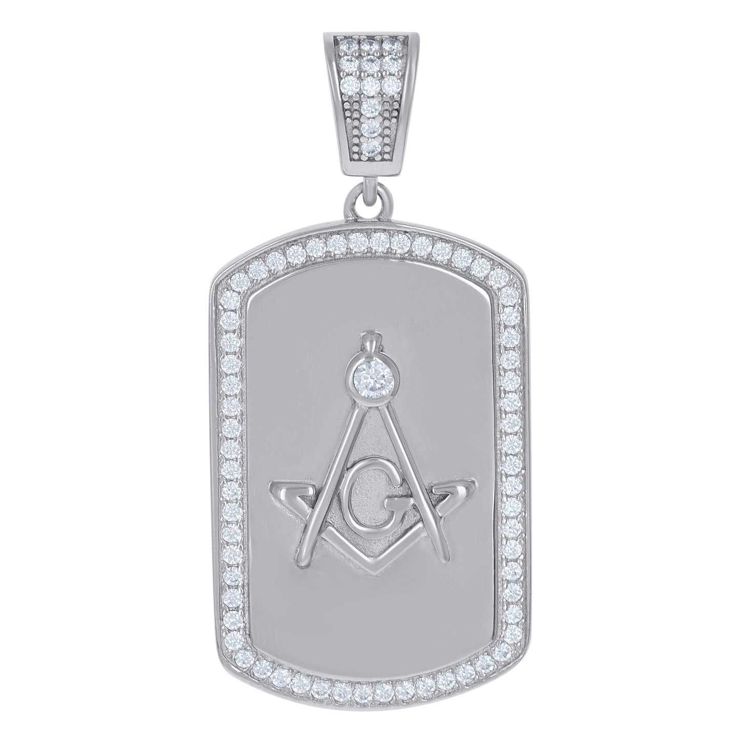 Sterling Silver Mens Cubic-Zirconia Masonic Dog Tag Charm Pendant