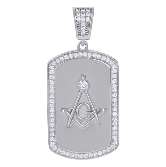 Sterling Silver Mens Cubic-Zirconia Masonic Dog Tag Charm Pendant