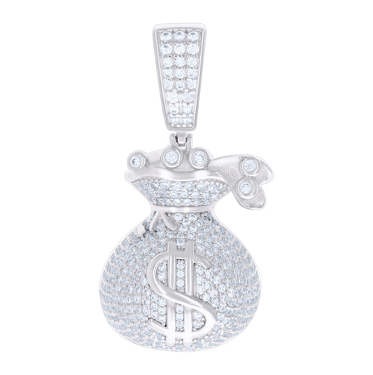 Sterling Silver Mens Cubic-Zirconia Money Bag Currency Pendant