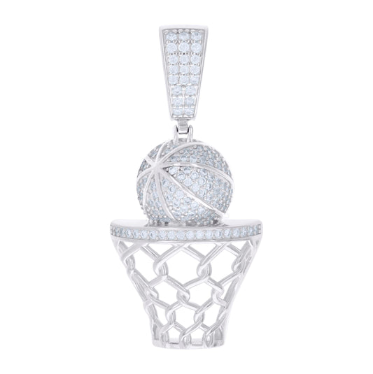 Sterling Silver Mens Cubic-Zirconia Basket Ball Sports Pendant
