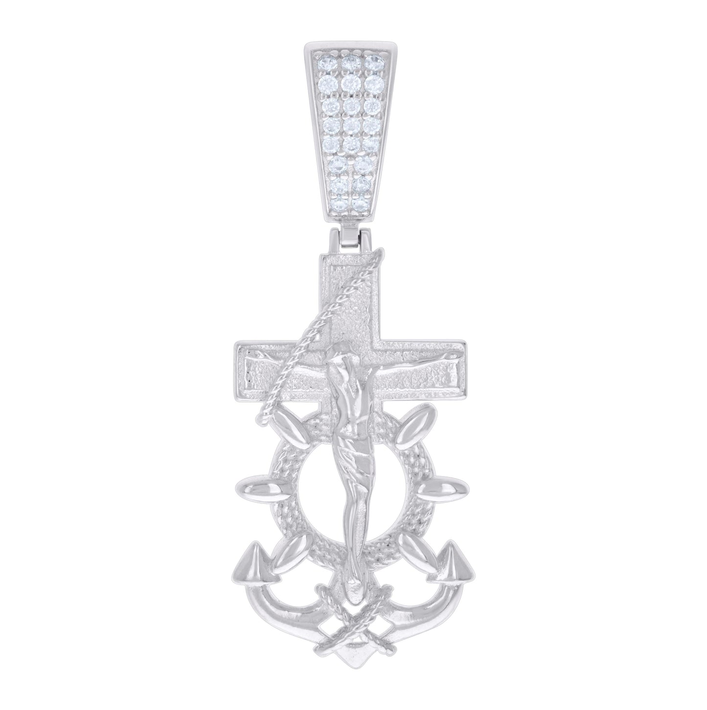 Sterling Silver Or Yellow-tone Mens Cubic-Zirconia Anchor Crucifix Religious Pendant