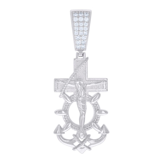 Sterling Silver Or Yellow-tone Mens Cubic-Zirconia Anchor Crucifix Religious Pendant