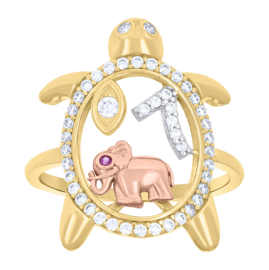 14K Tri-Color Gold Womens Purple White Cubic-Zirconia Turtle Elephant Evil Eye 7 Good Luck Ring