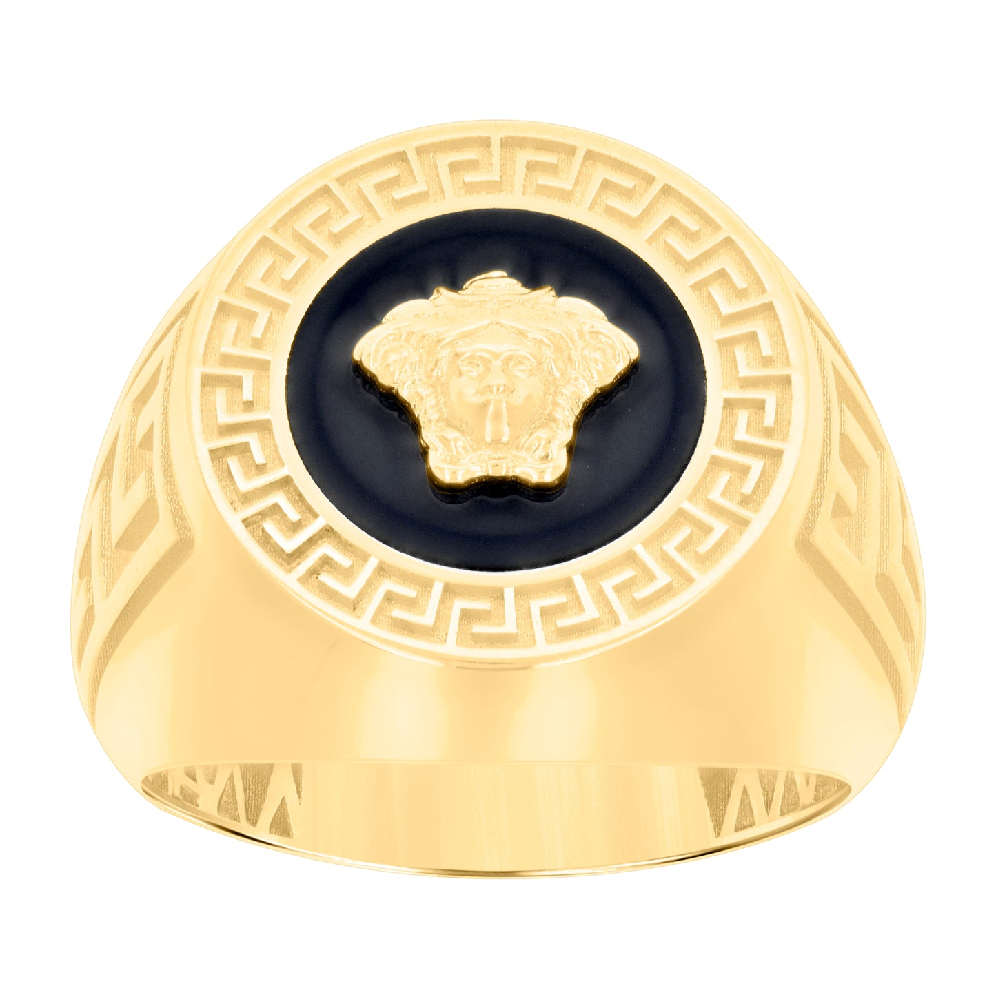 14K Yellow Gold Mens Greek Key Black Medusa Egyptian Ring
