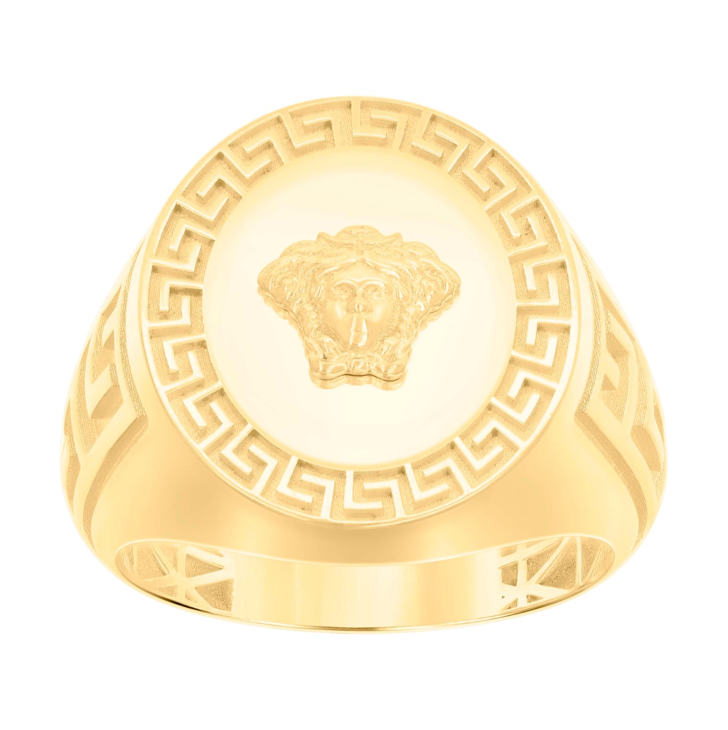 14K Yellow Gold Mens Greek Key Medusa Egyptian Ring