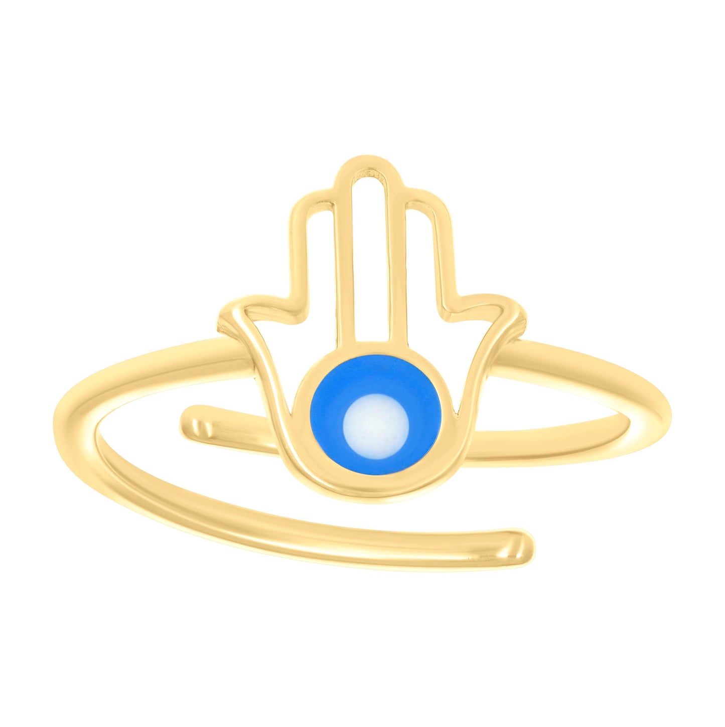 14K Yellow Gold Womens Blue Enamel Hamsa Symbol Religious Ring