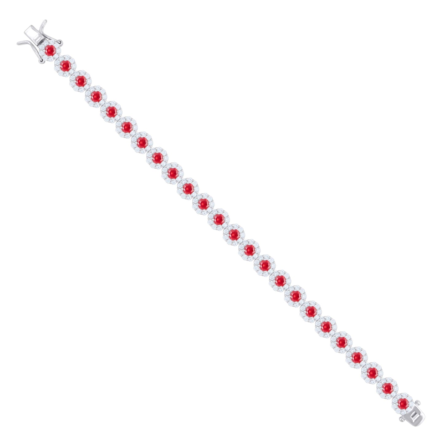 Sterling Silver Womens Red White Cubic-Zirconia Flower Link Bracelet