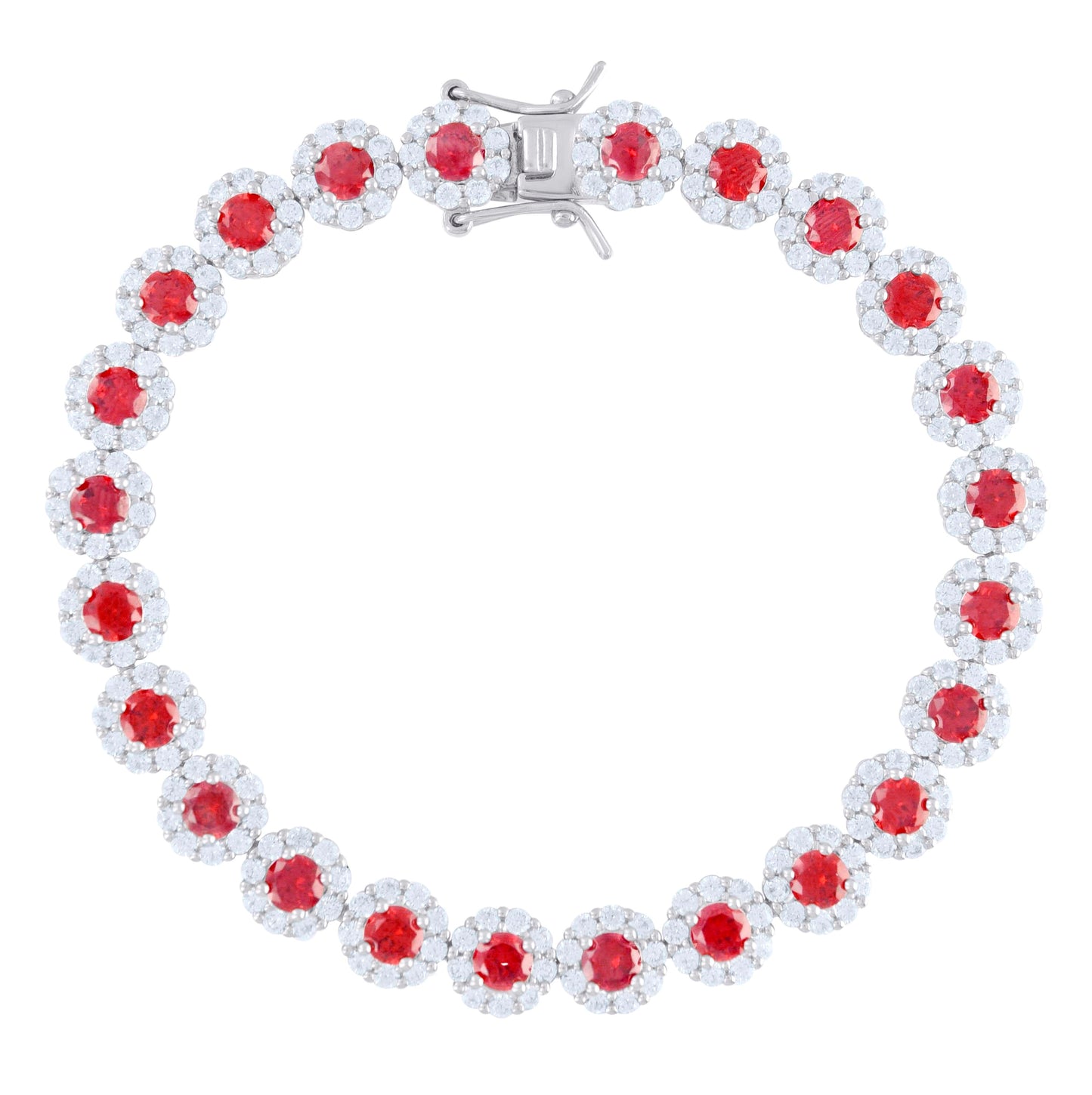 Sterling Silver Womens Red White Cubic-Zirconia Flower Link Bracelet