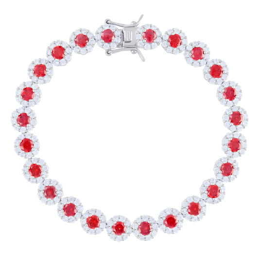 Sterling Silver Womens Red White Cubic-Zirconia Flower Link Bracelet