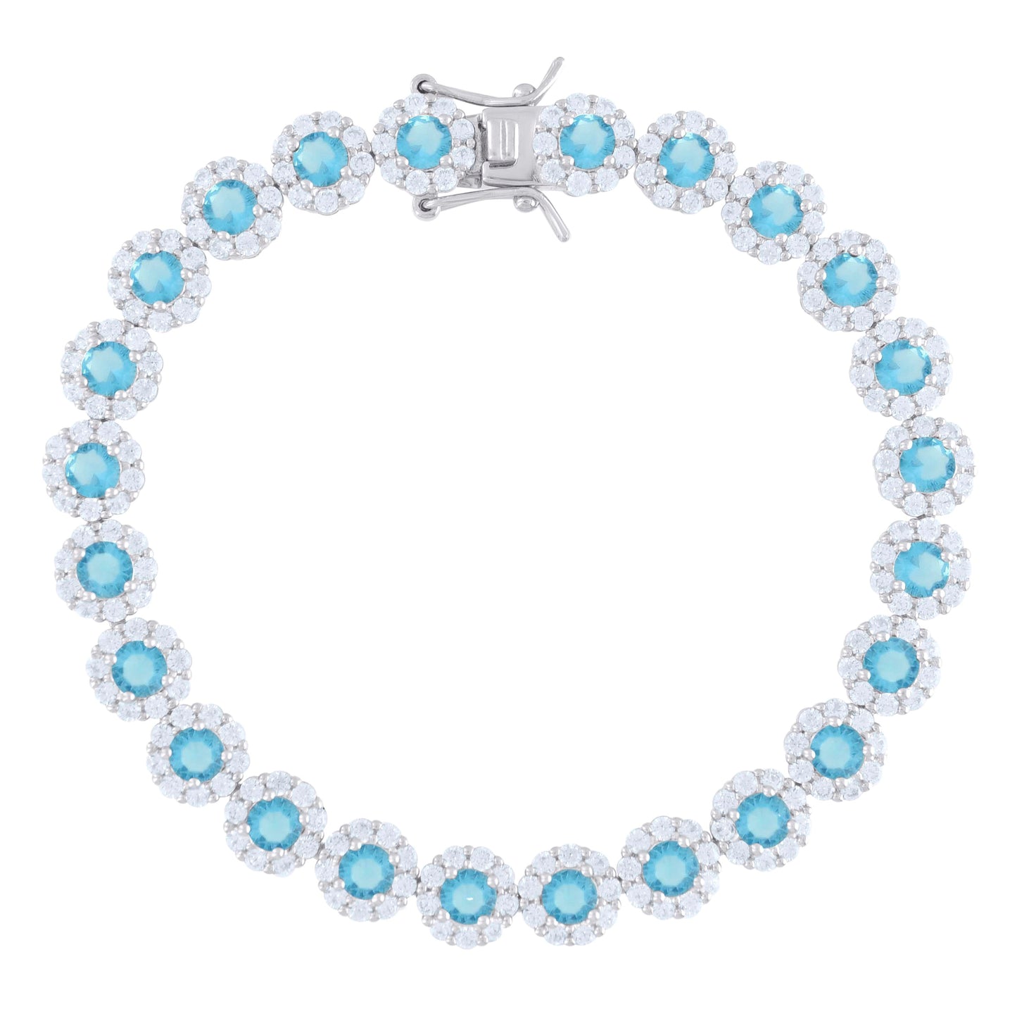 Sterling Silver Womens Blue White Cubic-Zirconia Flower Link Bracelet