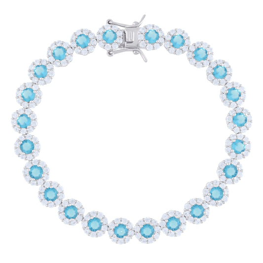 Sterling Silver Womens Blue White Cubic-Zirconia Flower Link Bracelet
