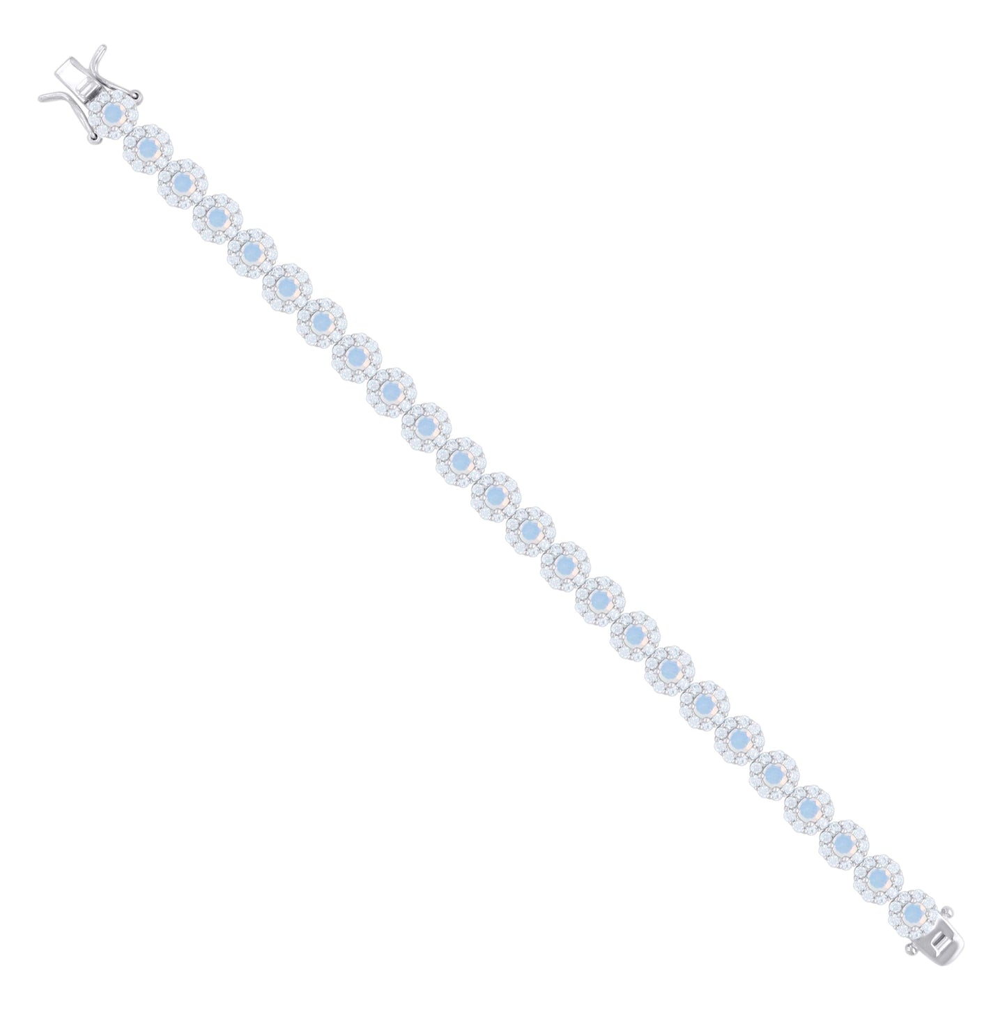 Sterling Silver Womens Blue White Cubic-Zirconia Flower Link Bracelet