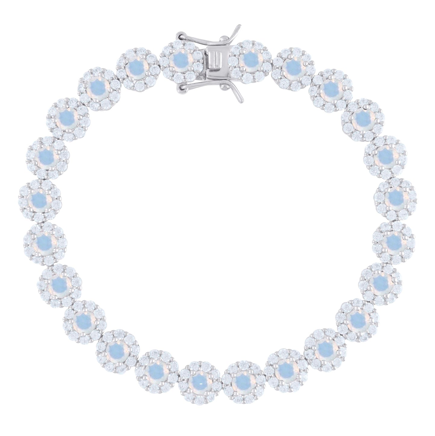 Sterling Silver Womens Blue White Cubic-Zirconia Flower Link Bracelet
