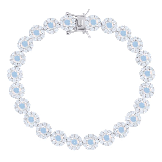 Sterling Silver Womens Blue White Cubic-Zirconia Flower Link Bracelet