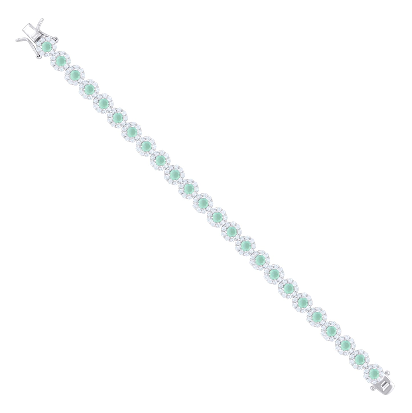 Sterling Silver Womens Green White Cubic-Zirconia Flower Link Bracelet