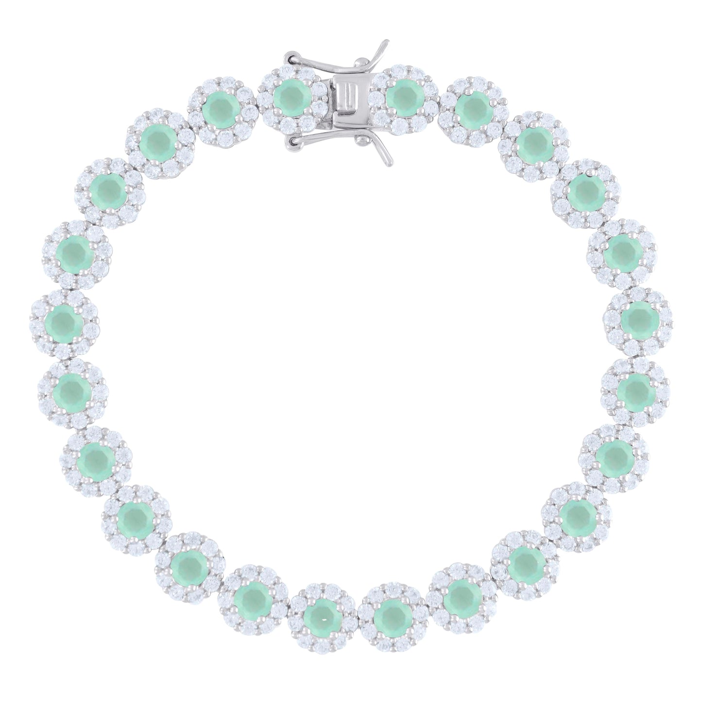 Sterling Silver Womens Green White Cubic-Zirconia Flower Link Bracelet