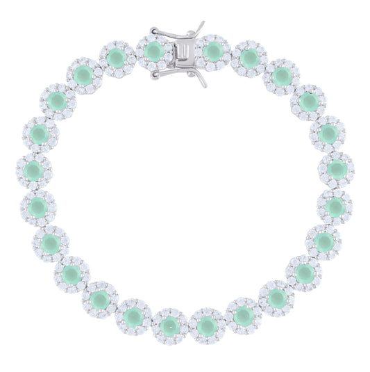 Sterling Silver Womens Green White Cubic-Zirconia Flower Link Bracelet