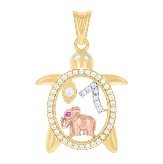 10K Tri-Color Gold Womens Cubic-Zirconia Turtle Elephant Evil Eye 7 Good Luck Charm Pendant