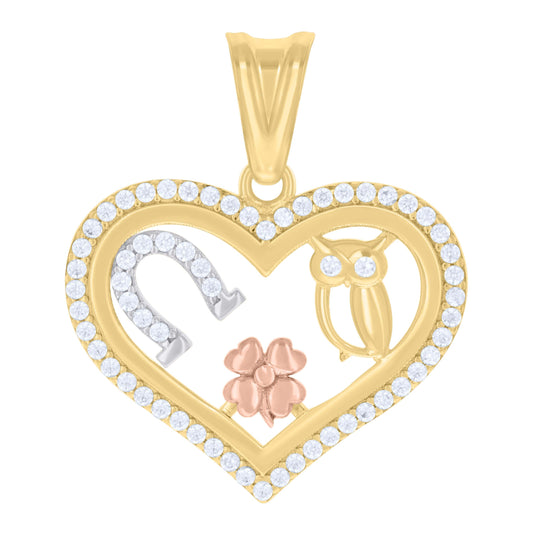 10K Tri-Color Gold Womens Cubic-Zirconia Owl Horseshoe Clover Heart Good Luck Charm Pendant