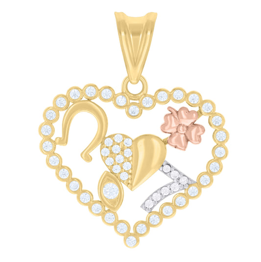 10K Tri-Color Gold Womens Cubic-Zirconia Horseshoe Evil Eye 7 Clover Heart Good Luck Charm Pendant