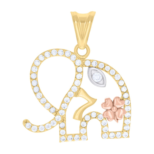 10K Tri-Color Gold Womens Cubic-Zirconia Elephant Evil Eye 7 Clover Good Luck Charm Pendant