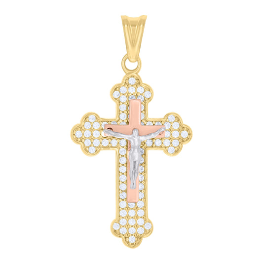 10K Tri-Color Gold Womens Cubic-Zirconia Crucifix Cross Religious Charm Pendant
