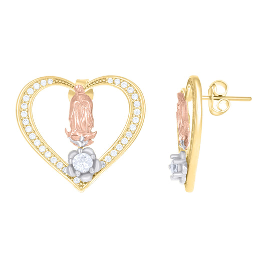 10K Tri-Color Gold Womens Cubic-Zirconia Heart Guadalupe Religious Stud Earrings