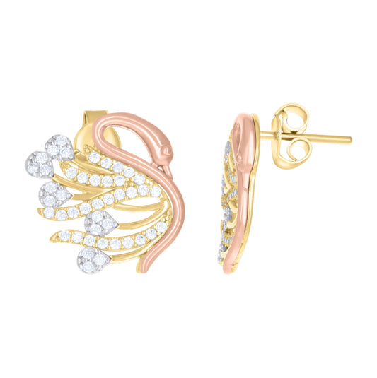 10K Tri-Color Gold Womens Cubic-Zirconia Goose Bird Wildlife Stud Earrings