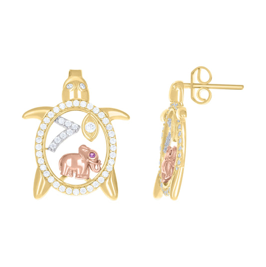 10K Tri-Color Gold Womens Cubic-Zirconia Turtle Elephant Evil Eye 7 Good Luck Stud Earrings