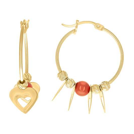 10K Yellow Gold Womens Heart Beaded Hoop Earrings