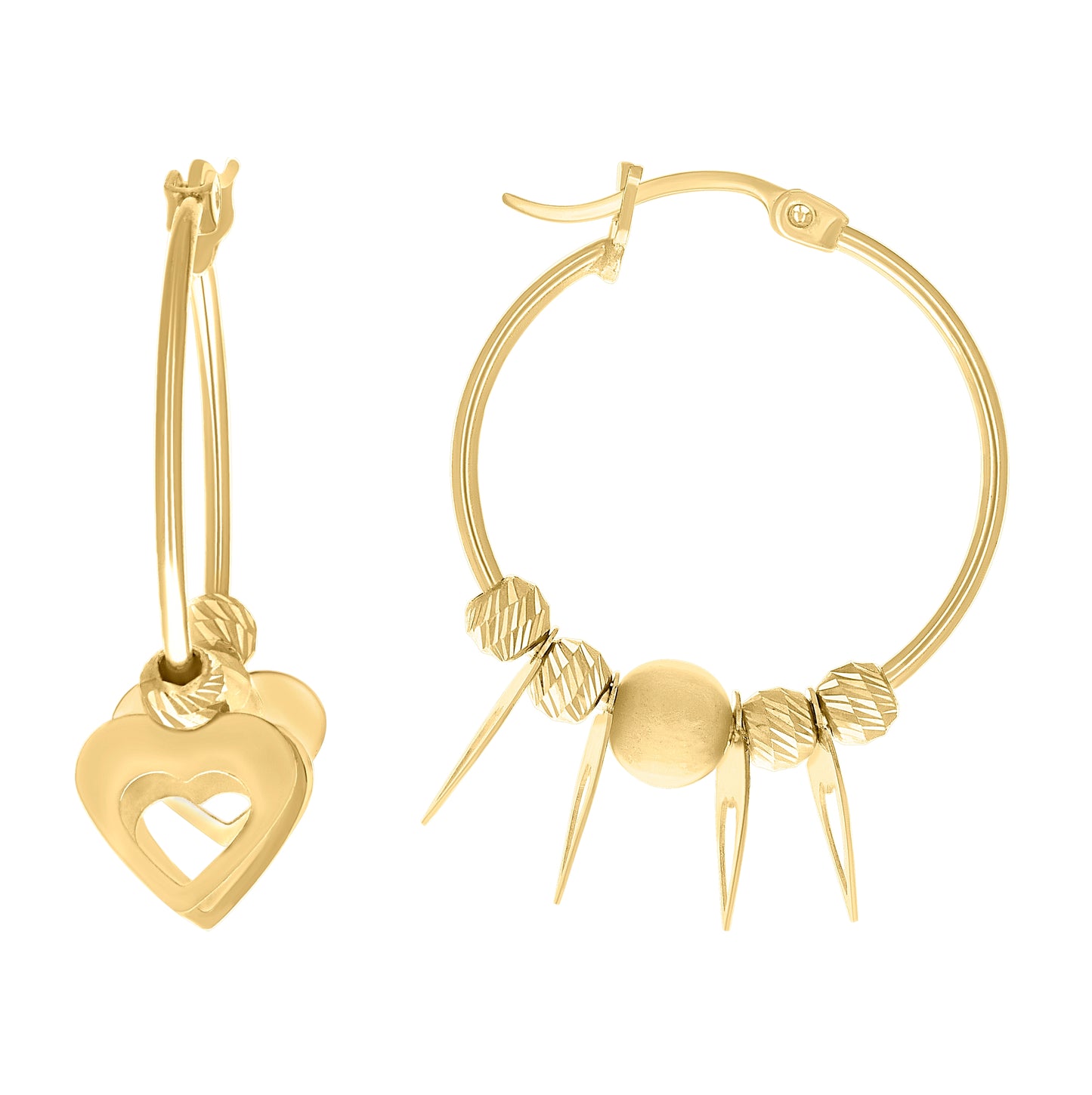 10K Yellow Gold Womens Heart Beaded Hoop Earrings