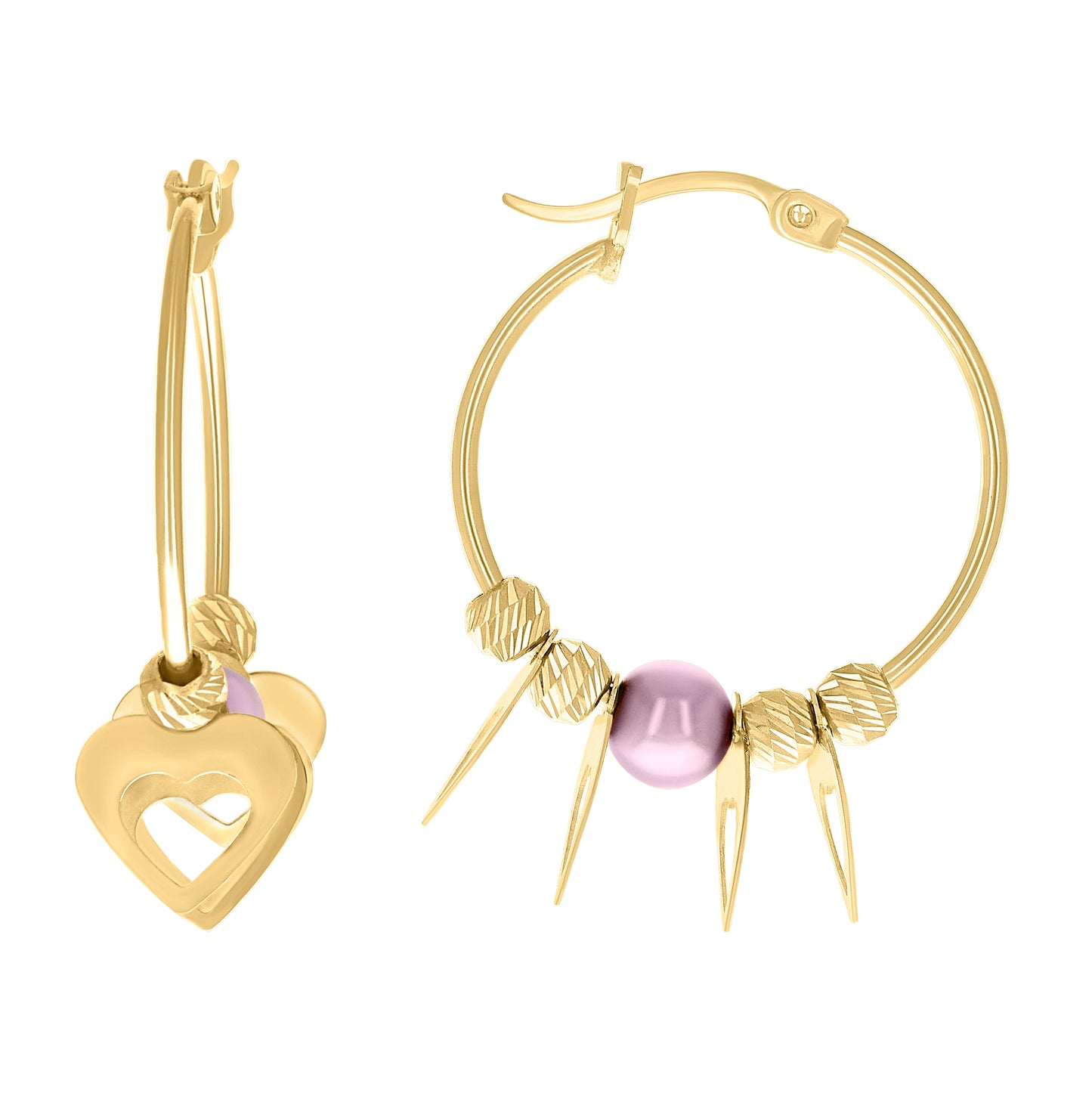 10K Yellow Gold Womens Heart Beaded Hoop Earrings