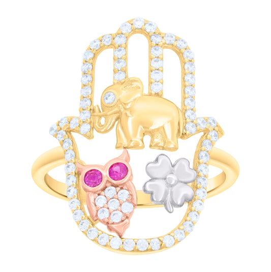 10K Tri-Color Gold Womens Pink White Cubic-Zirconia Elephant Owl Clover Hamsa Good Luck Symbol Religious Ring