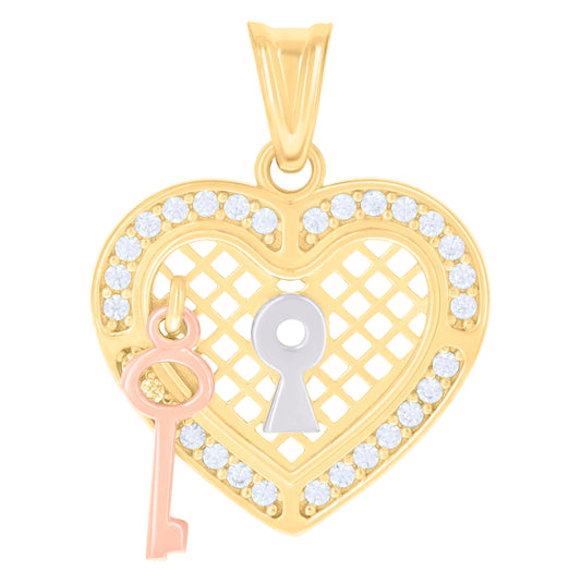 10K Tri-Color Gold Womens Cubic-Zirconia Heart Lock & Key Charm Pendant