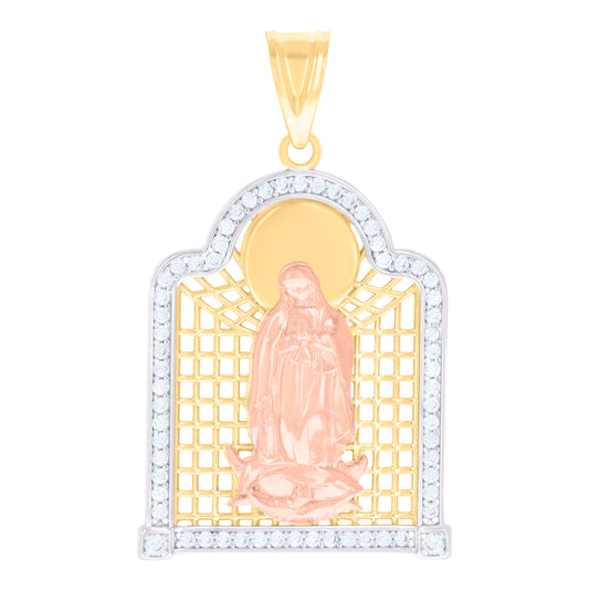 10K Tri-Color Gold Womens Cubic-Zirconia Guadalupe Religious Charm Pendant